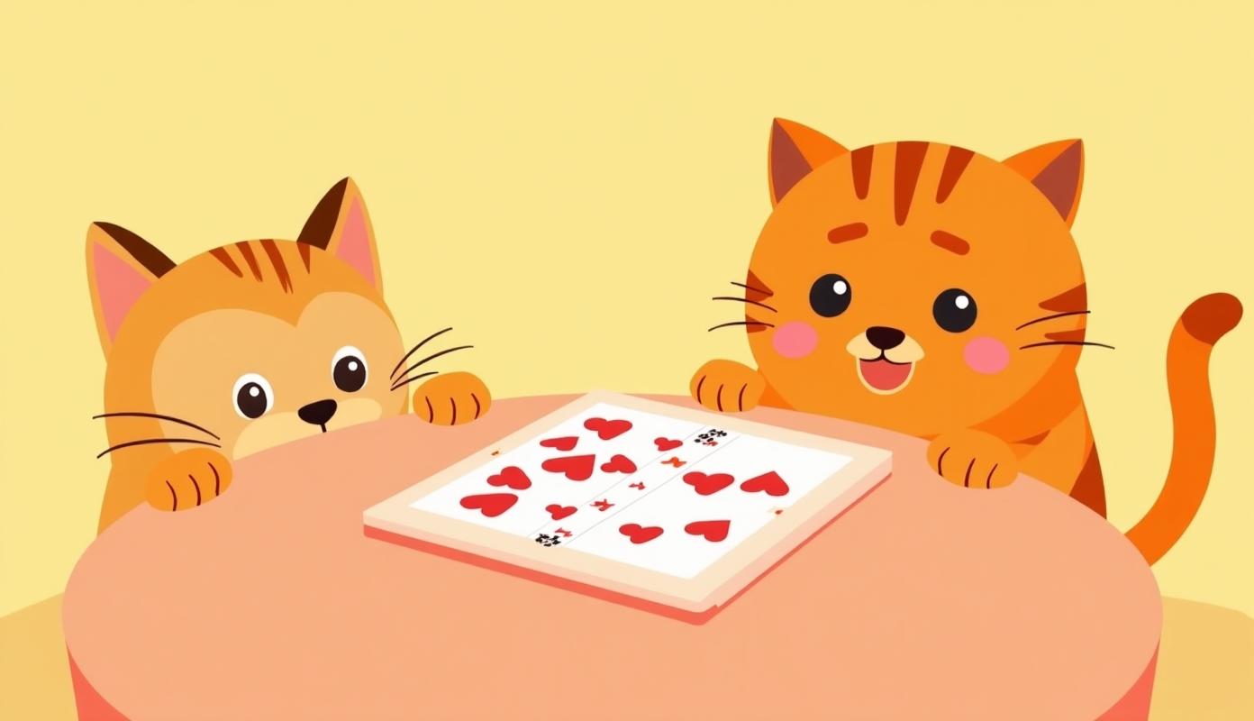 Barn og kat spiller kort